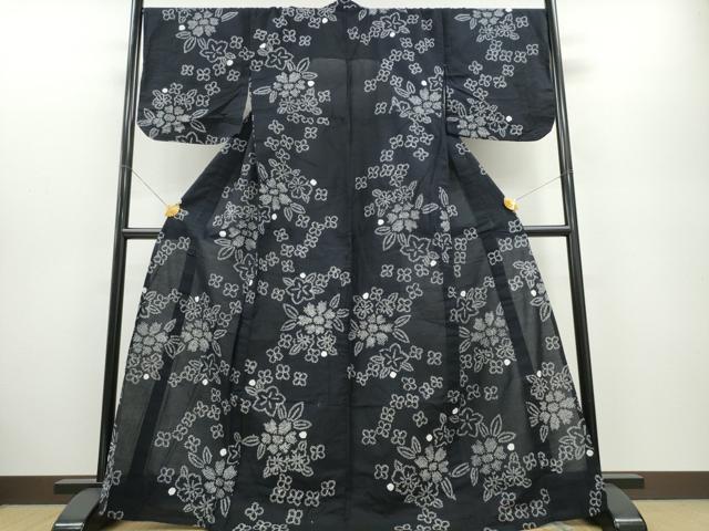 平和屋着物∴夏物　浴衣　有松鳴海絞り　舞花文　黒地　綿　逸品　CABA0490ng