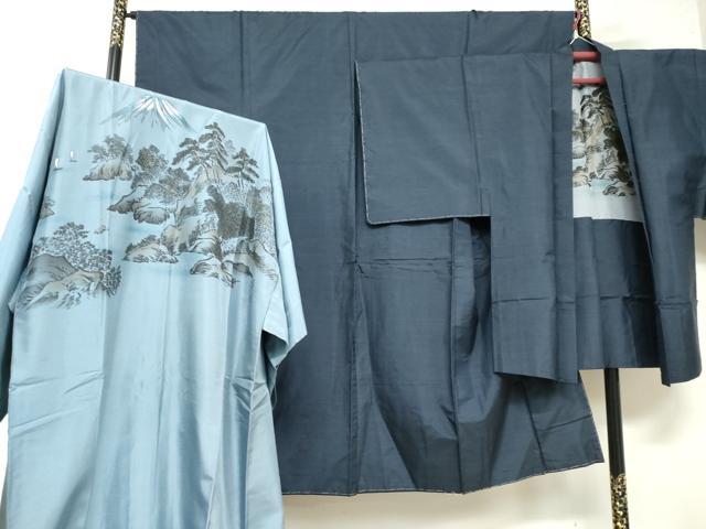 平和屋着物●男性　本場大島紬　アンサンブル　長襦袢（袷）セット　長羽織　抽象文様　正絹　逸品　未使用　DABB0328ud