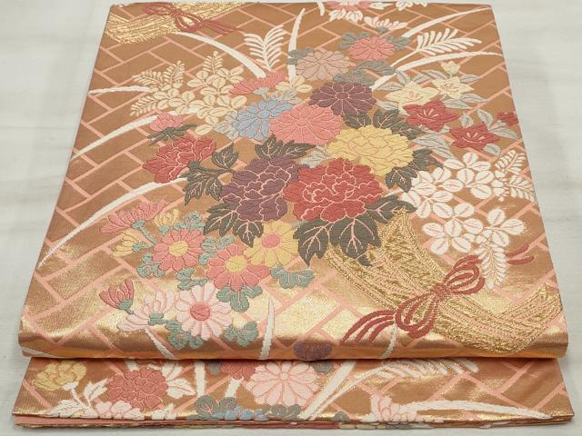 平和屋着物◎六通柄袋帯　唐織　草花文　金糸　正絹　逸品　DAAT2772qa