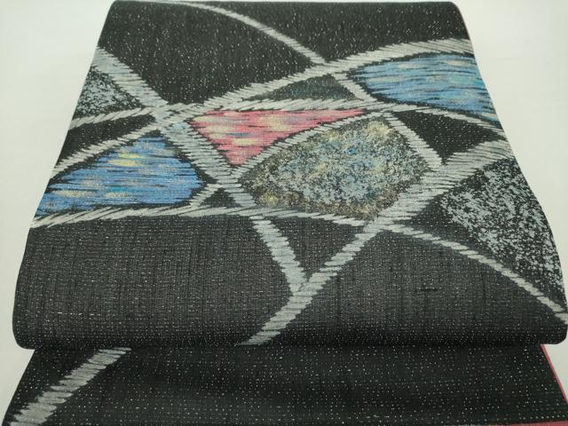 平和屋着物●太鼓柄袋帯　作家物　紬地　霞文　黒地　金彩　銀通し地　正絹　逸品　未使用　DABA1713ps