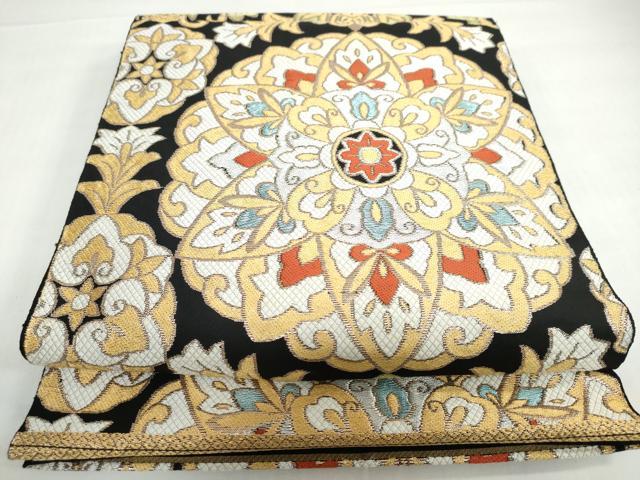 Rakuten - 平和屋着物◎六通柄京袋帯 洋花文 黒地 金銀糸 正絹 逸品 DABF1694ud