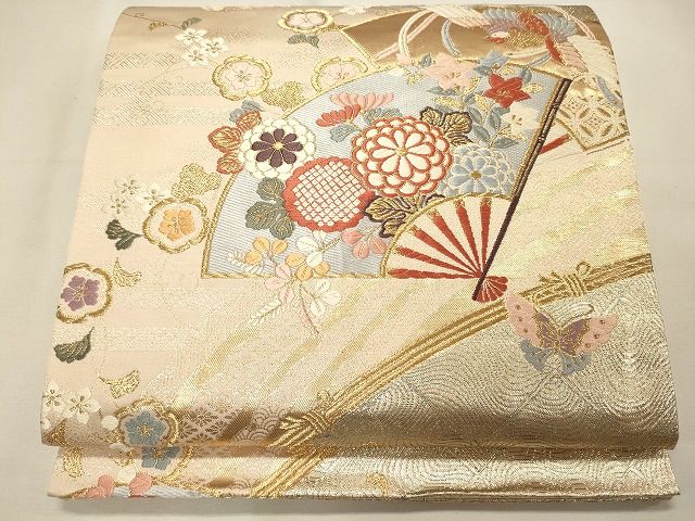 平和屋着物◎六通柄袋帯　扇面花鳥文　金糸　逸品　CAAI0286oy