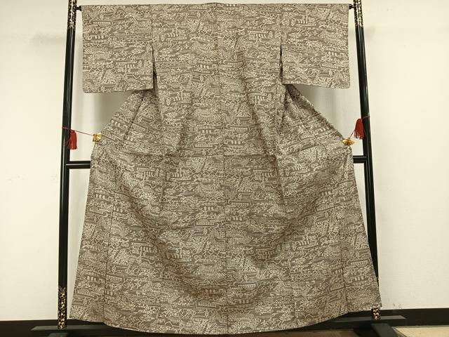 平和屋着物▽上質な紬　単衣　風景文　正絹　逸品　AAAS9661fy