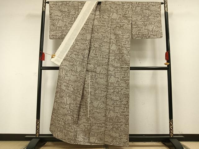 平和屋着物▽上質な紬　単衣　風景文　正絹　逸品　AAAS9661fy