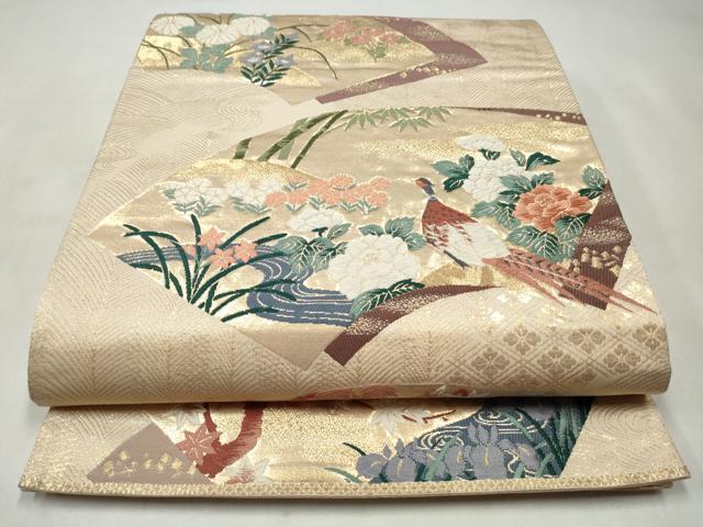 平和屋着物◎六通柄袋帯 唐織 立波地紙花鳥文 金糸 正絹 逸品 CABJ3847qe
