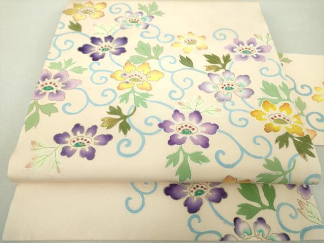 平和屋着物●塩瀬　九寸名古屋帯　花唐草文　金彩　正絹　逸品　DAAU5768ps