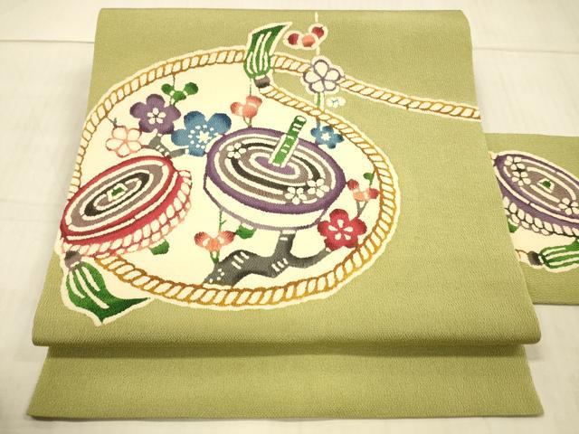 平和屋着物●九寸名古屋帯　紅型　独楽　枝花文　鬼しぼ縮緬　正絹　逸品　DAAX8526cm...