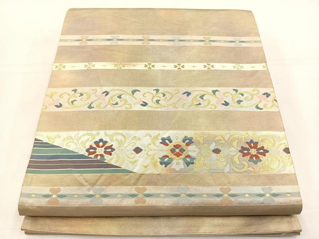 平和屋着物◎六通柄袋帯　横段花文　金糸　正絹　逸品　BAAT5212jr