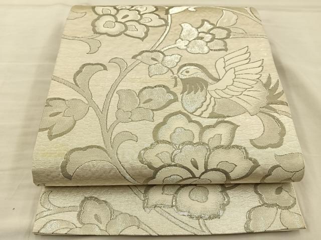 平和屋着物◎六通柄袋帯　こうけつ織　鴛鴦花文　プラチナ箔　正絹　逸品　BAAT5884xa