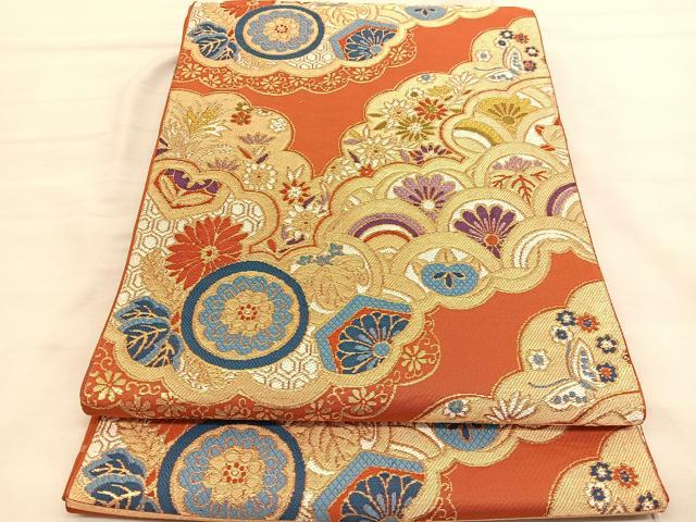 平和屋着物◎六通柄　本袋帯　唐織　雲取り花青海波　金糸　正絹　逸品　BAAV3247hv