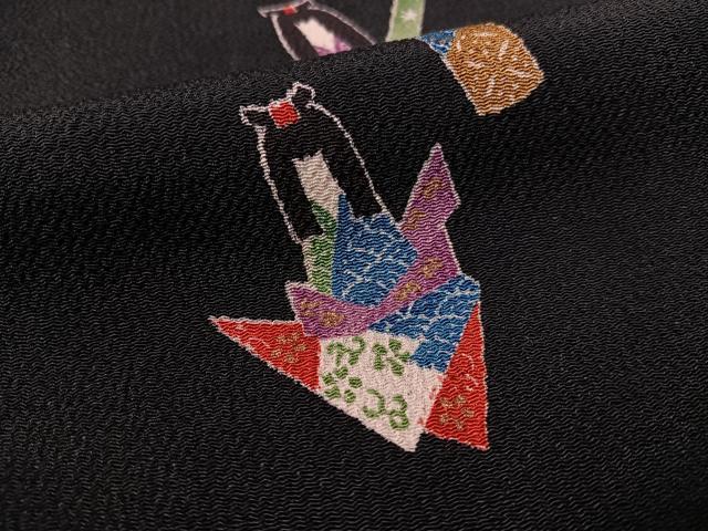 平和屋着物■上質な小紋　こけし　黒地　金彩　鬼しぼ縮緬　正絹　逸品　CAAZ9844vp