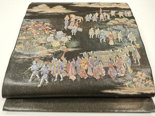平和屋着物◎太鼓柄袋帯　代参道中絵文　黒地　金糸　正絹　逸品　DAAW0868op