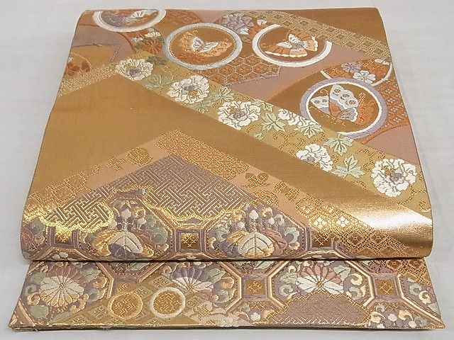 平和屋着物■六通柄袋帯　唐織　花蝶文　金糸　正絹　逸品　A-sx9511