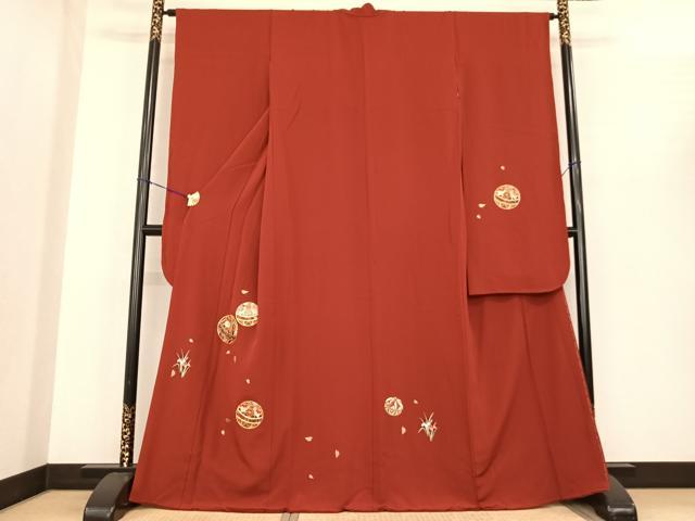 平和屋着物●豪華振袖 駒刺繍 毬 舞花文 紅海老茶色 金糸 正絹 逸品 AABF0379fy