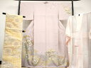 平和屋本店■極上 訪問着・長襦袢・袋帯セット 作家物 駒刺繍 地紙飛鶴草花文 金彩 薄柿色 逸品 未使用 CYAA2320s5