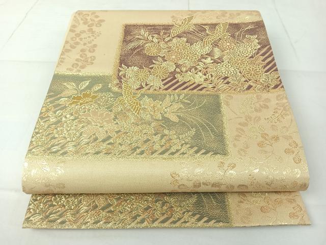 平和屋着物◎六通柄袋帯　色紙重ね花鳥文　金糸　正絹　逸品　AAAN2192jh