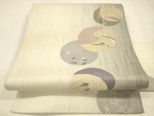 平和屋着物＊夏物　九寸名古屋帯　草葉丸文　銀糸　正絹　逸品　DABB3264cm