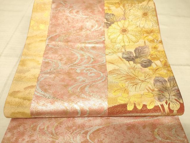 平和屋着物◎太鼓柄袋帯　流水菊文　金彩　正絹　逸品　AAAZ6234cs