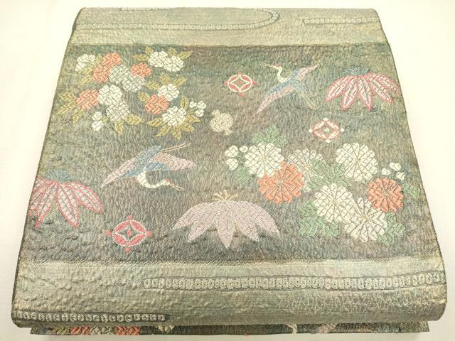 平和屋着物●六通柄袋帯 膨れ織 飛鶴笹花文 金銀糸 引箔 正絹 逸品 CAAJ0877eg