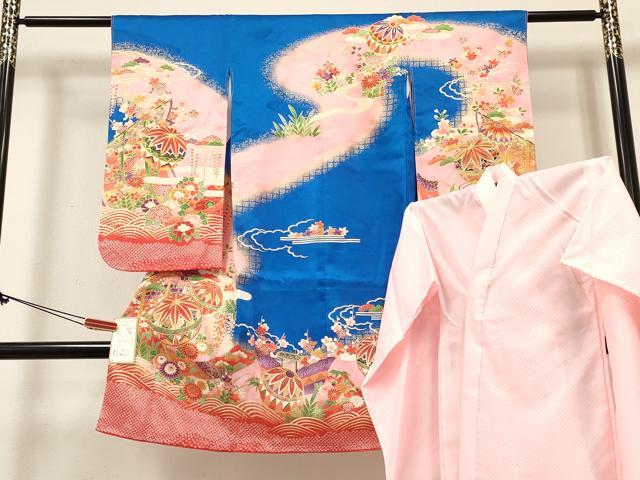Kimono （For Girls） - 平和屋着物[]七五三　女の子　3歳　祝着　三つ身　長襦袢(単衣)セット　几帳花松文　暈し染め　金彩　逸品　DABE7094ma