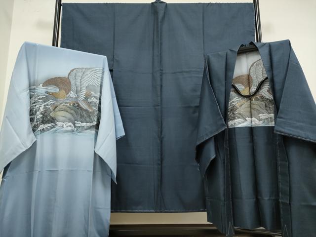 平和屋着物●極上　男性　本場大島紬　アンサンブル　長襦袢(袷)・長羽織セット　100亀甲　総詰め　羽裏・鷹　逸品　未使用　DZAB4735kh6