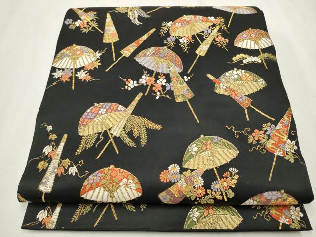 平和屋着物●六通柄袋帯 唐織 番傘 草花文 黒地 金糸 正絹 逸品 CAAT8151hy