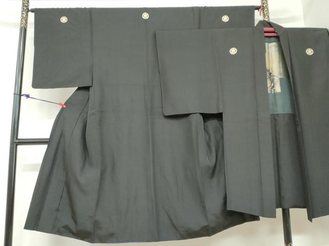 平和屋着物●男性　黒紋付　長羽織セット　羽裏：人物風景文　正絹　逸品　DABB0912ud