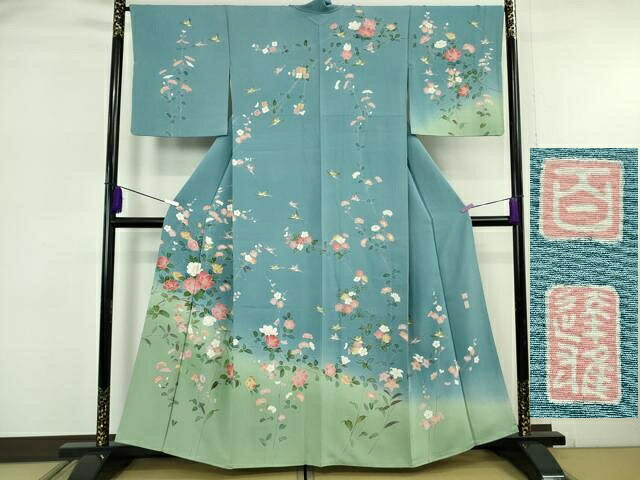 平和屋本店●極上　京加賀友禅　百貫達雄　訪問着　花鳥文　濃い勿忘草色地　暈し染め　逸品　DZAB6086kh6
