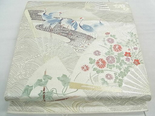 平和屋着物◎六通柄袋帯 唐織 扇面取鶴之舞 金銀糸 プラチナ箔 逸品 CAAE2326yk 平和屋着物◎六通柄袋帯 唐織 扇面取鶴之舞 金銀糸 プラチナ箔 逸品 CAAE2326yk