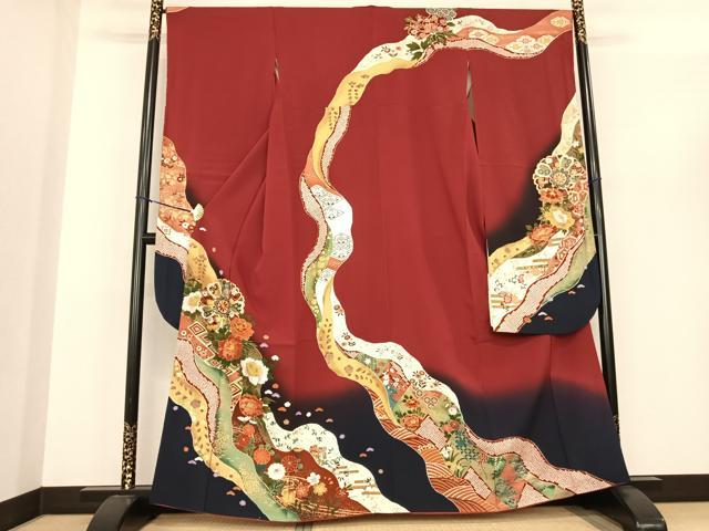 平和屋着物●豪華振袖 駒刺繍 道長花文 暈し染め 金彩 正絹 逸品 AABF0394fy