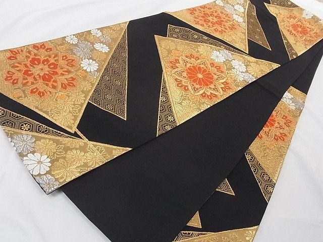 平和屋着物◎六通柄袋帯 正倉院花文 黒地 金銀糸 正絹 逸品 AAAD1612Bfw