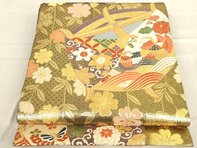 平和屋着物◎佐賀錦　六通柄袋帯　鴛鴦糸巻草花文　黒地　金糸　正絹　逸品　AAAO1573ru