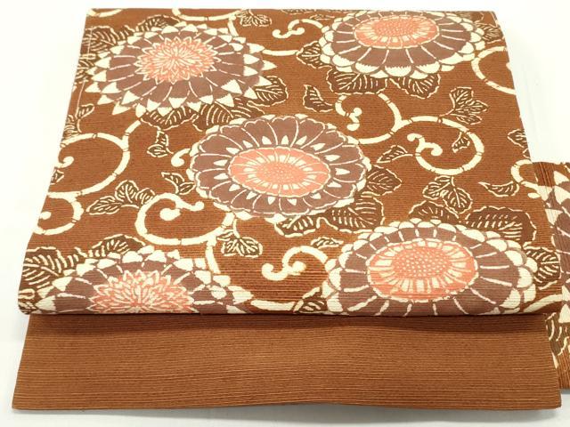 平和屋着物●九寸名古屋帯　紬地　型染め　花唐草文　煉瓦色　正絹　逸品　DAAV9082ob