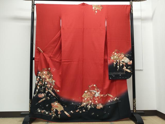 平和屋着物●豪華振袖　扇面花蝶文　暈し染め　金彩　正絹　逸品　CABG8424th