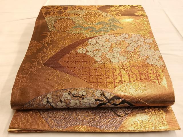 平和屋着物◎六通柄袋帯　地紙重ね草花文　金糸　正絹　逸品　BAAO0302du