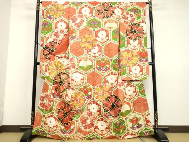 平和屋着物●豪華振袖　駒刺繍　亀甲草花文　金彩　正絹　逸品　DAAV8737tw