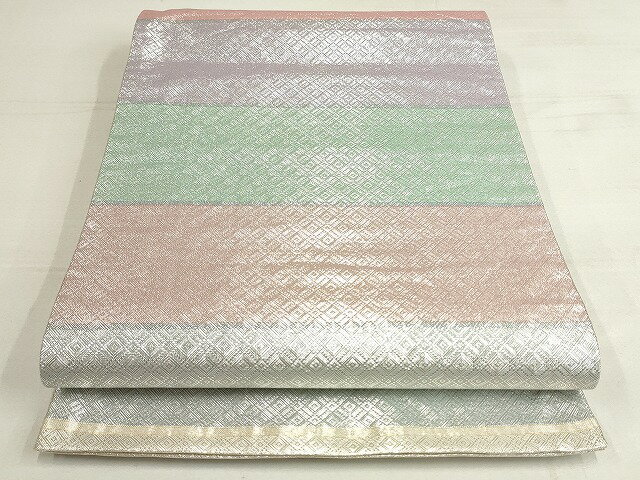 平和屋着物◎六通柄袋帯　横段文　銀糸　正絹　逸品　AAAL3629Apf