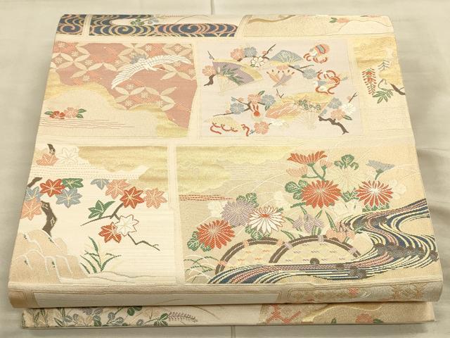 平和屋着物◎六通柄袋帯　唐織　飛鶴花文　金糸　正絹　逸品　CAAT5147ft