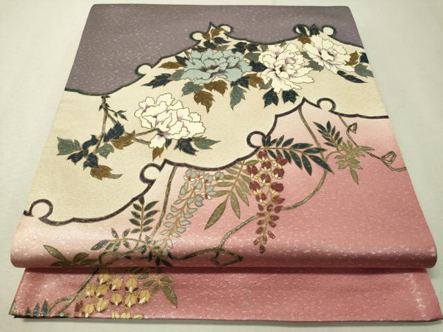 平和屋着物●染色作家　草野一騎　太鼓柄袋帯　草花雪芝文　正絹　逸品　CAAV8567vp