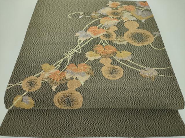 平和屋着物●中国工藝美術大師　中国人間国宝　王金山　王金山綴　太鼓柄袋帯　蔦の葉瓢箪　金糸　正絹　逸品　未使用　DABB4229ps