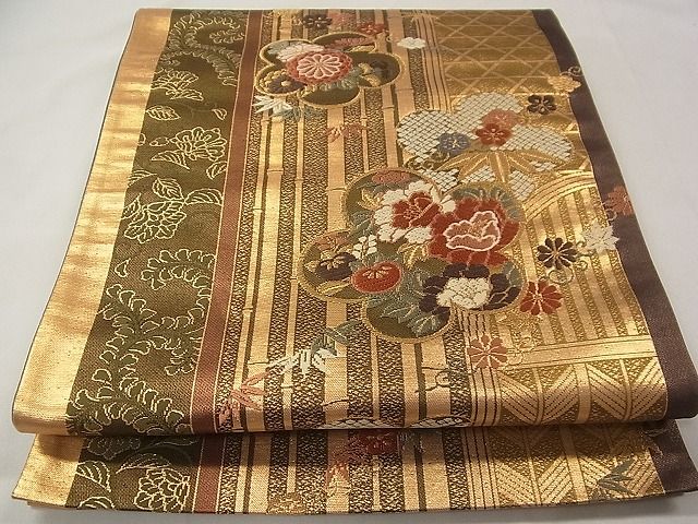 平和屋着物◎六通柄袋帯　唐織　笹竹花文　金糸　逸品　CAAE5725vf