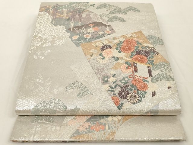 平和屋着物◎六通柄袋帯　色紙草花文　金銀糸　正絹　逸品　AAAK8980Bey