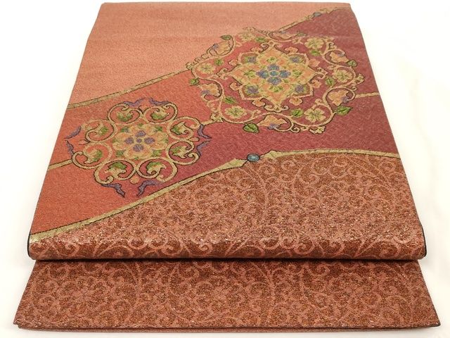 平和屋着物◎六通太鼓柄袋帯 ふくれ織 正倉院花文 金糸 正絹 逸品 AAAK8996Bey