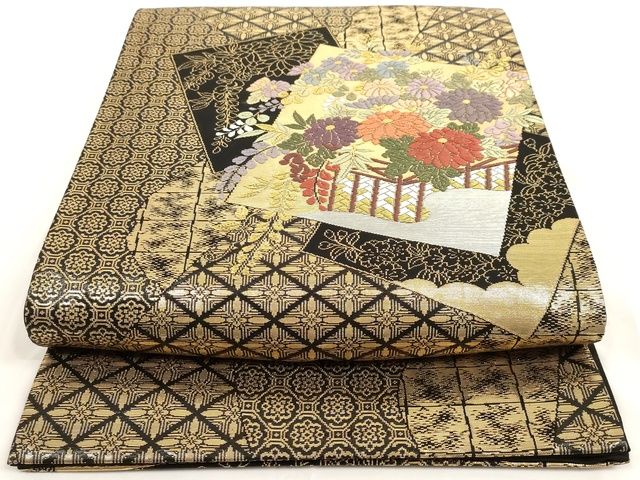 平和屋着物◎六通柄袋帯　唐織　吉祥宝づくし　黒地　金糸　正絹　逸品　AAAK9021Bey