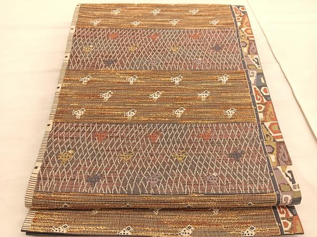 平和屋着物◎六通柄袋帯　横段鳥文　銀糸　正絹　逸品　BAAV5030hv