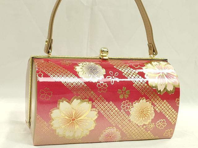 平和屋着物●和装小物　和装バッグ　ハンドバッグ　桜鹿の子斜線文　エナメル　金彩　振袖　逸品　未使用　CAAQ8077ju