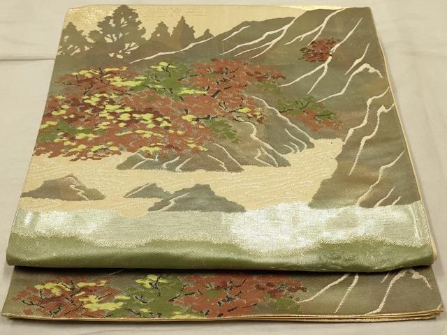 平和屋着物◎六通柄袋帯　風景文　銀糸　正絹　逸品　AABB3252ou