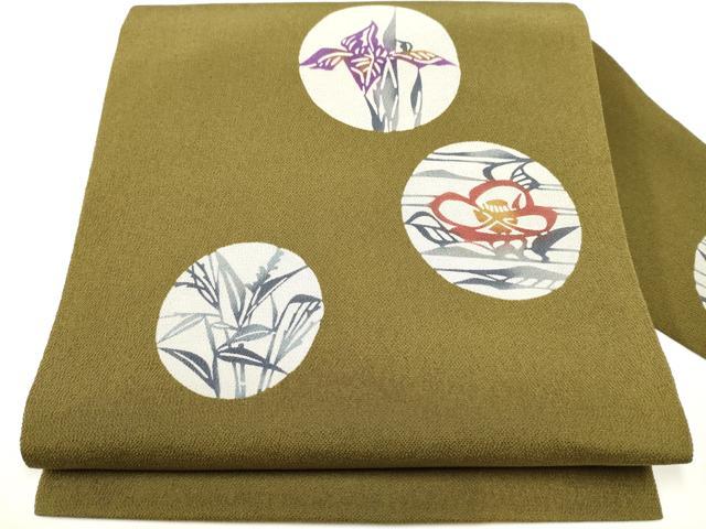 平和屋着物●九寸名古屋帯　型染め　草花丸文　鬼しぼ縮緬　正絹　逸品　CAAX7287hy