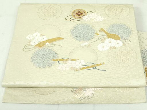 平和屋着物●九寸名古屋帯 唐織 雪輪楽器花文 金糸 正絹 逸品 DAAU6937ob 平和屋着物●九寸名古屋帯 唐織 雪輪楽器花文 金糸 正絹 逸品 DAAU6937ob