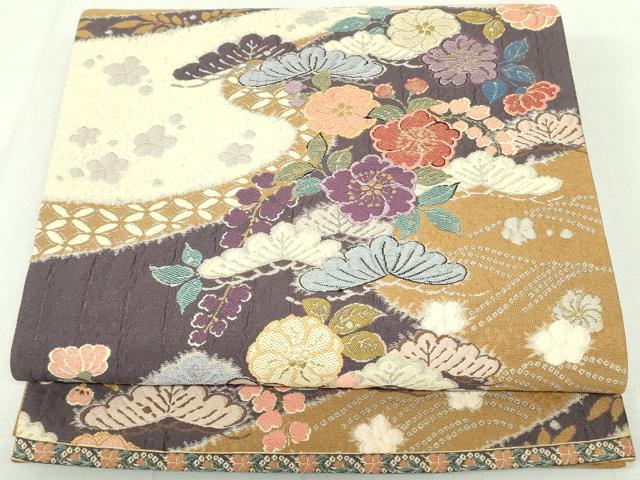 平和屋着物●六通柄袋帯　唐織　絞り　流水花咲　金糸　正絹　逸品　DAAU6948ob